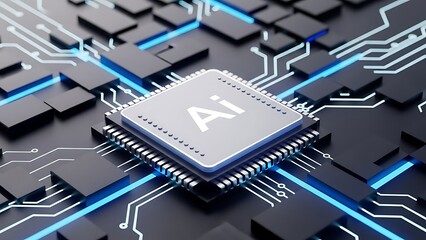 AI microchip on modern circuit board with glowing blue lines
