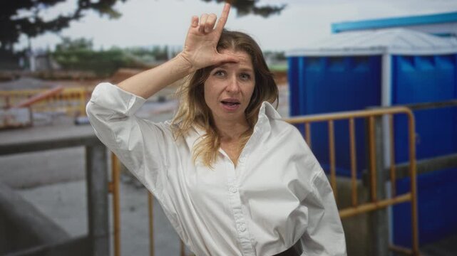 Woman forms l sign to forehead at building site, raising arm with open mouth and white shirt visible; playful mockery.