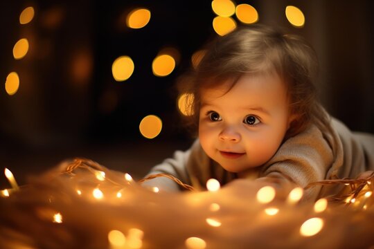 Content baby lying on belly, curiously looking at warm fairy lights with bokeh