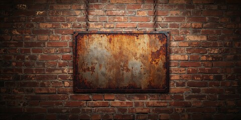 Rusty iron plate hanging on weathered brick wall, serving as a background for signage in urban design, decay risk awareness