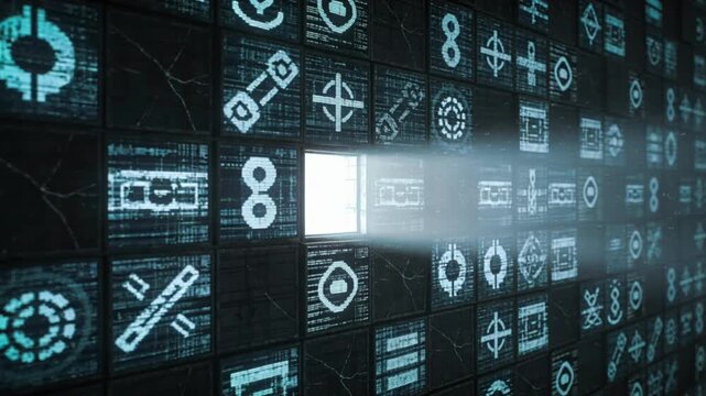 Massive wall of glitching holographic screens displaying distorted symbols, static, and abstract meaningless patterns. One by one, the screens crack, flicker, and fade into darkness.