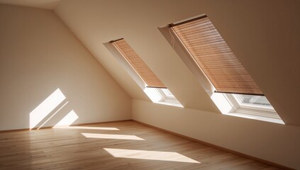 Obraz premium Roof interior featuring brown roller shades, emphasizing window covering functionality, natural daylight