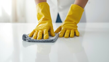 Yellow rubber gloves used for surface sanitation in a cleaning process, safety focus