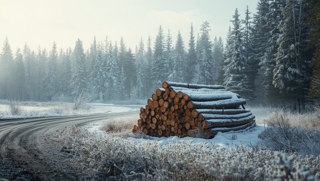 Stacked logs along a snow-laden rural road in a forest setting, highlighting timber harvesting during winter - Powered by Adobe