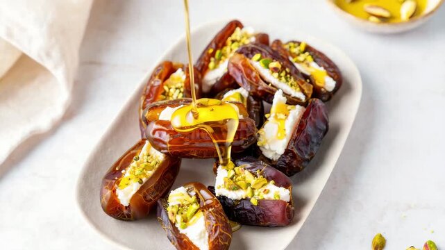 Honey drizzle over creamcheese stuffed dates, bite sized dessert on a platter, no bake snack with pistachio crunch, creamy filling, dairy dessert platter, convenient bite sized treat, snack