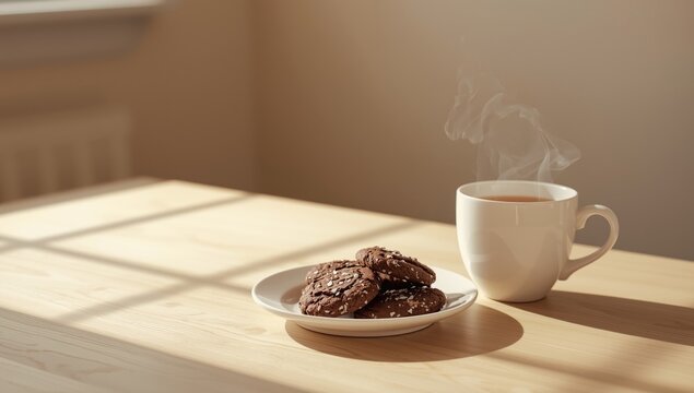 Chocolate coconut cookies alongside a steaming cup of tea, highlighting a sweet treat and beverage combo
