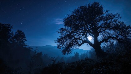 Nighttime forest scene bathed in moonlight, suitable for layout or mood setting