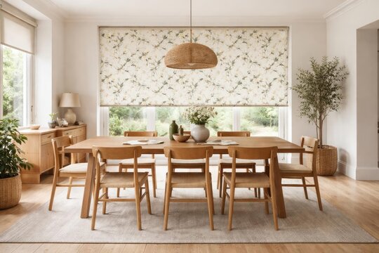 Spacious dining zone furnished with wood chairs and table featuring decorative roller blind