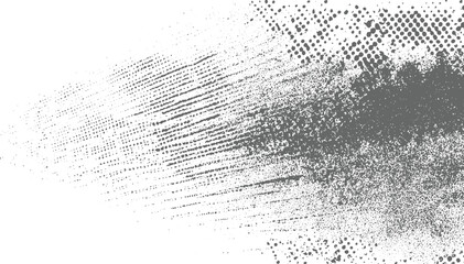 Abstract grayscale with a concentrated burst of textured dots and lines radiating outwards on a white background