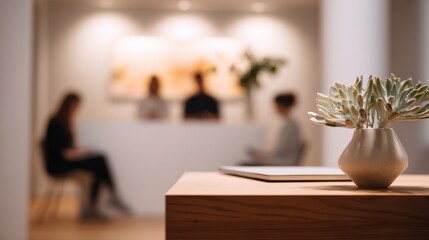 Focused image of a serene quiet zone featuring minimalist decor and soft lighting with the practitioner desk and patients in the blurred background offering contrast.