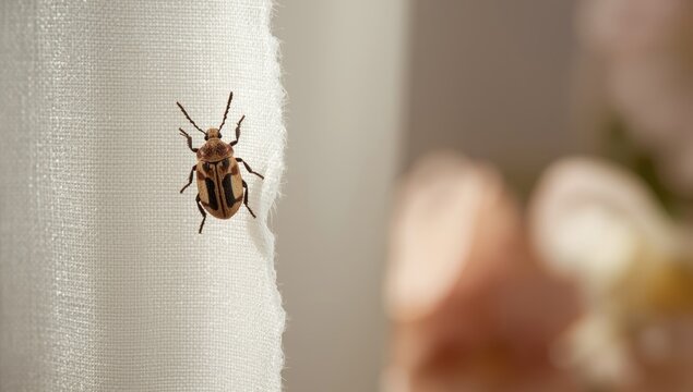 Adult Dermestidae beetle, Anthrenus verbasci, on textile piece, illustrating pest behavior affecting natural materials in interior spaces