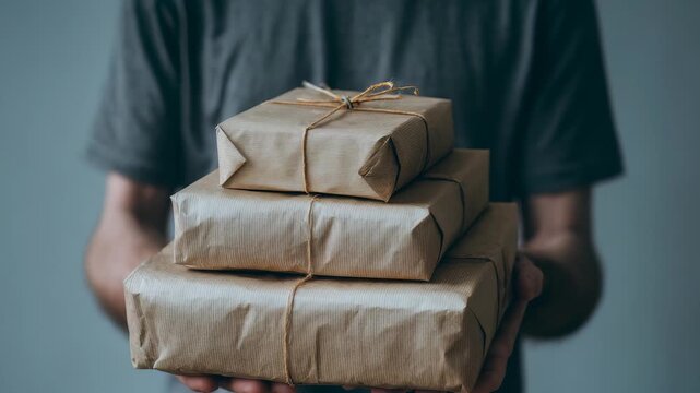 Close up of hands presenting three brown paper packages, emphasizing sustainable wrapping and postal delivery. The image conveys gifting, shipping, and environmentally conscious packaging trends