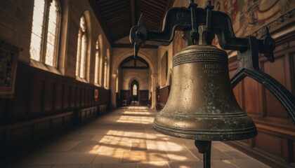 Obraz premium An antique brass bell stands prominently in the foreground of a sunlit, historic church corridor with arched windows