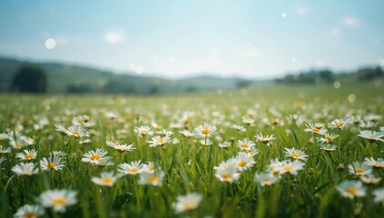 Fototapeta premium Daisy-filled meadow in spring with grass and flowers, suitable for nature-themed layouts, Earth Day