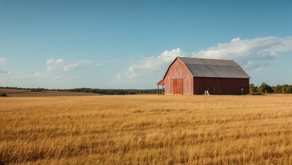Obraz premium Rustic red barn in expansive farmland near Highway 49 in California's Gold Country, ideal for rural setting backgrounds