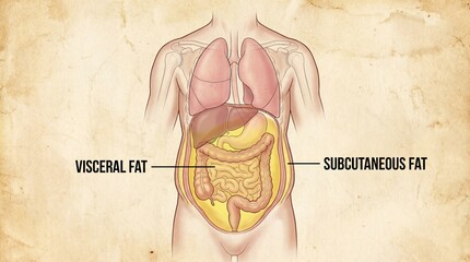 Detailed Medical Illustration Explaining the Distribution and Distinctive Characteristics of Visceral and Subcutaneous Fat in the Human Body