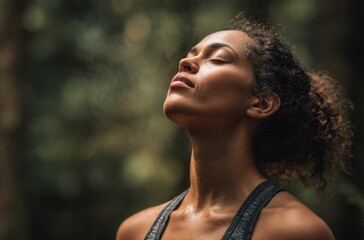 Serene woman embracing tranquility in lush forest setting, peaceful and reflective moment