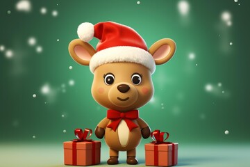 Cute reindeer character wearing a santa hat and red bow, standing between two christmas gifts