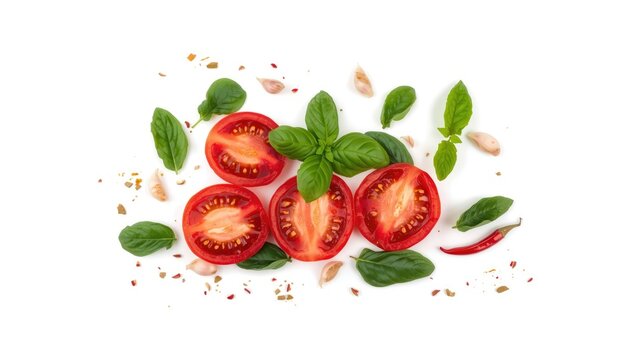 Flat lay of fresh tomatoes and assorted spices on a white surface, ideal for food styling or menu backgrounds - Powered by Adobe
