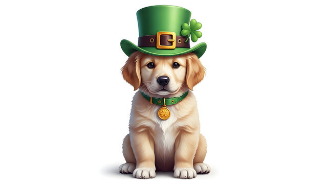 St patrick's day dog in green hat and collar celebrating irish luck