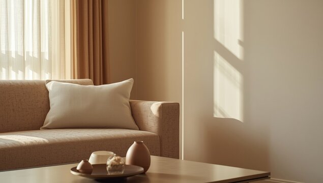 Pillow on sofa as a soft furnishing accessory in living room setup, suitable for furniture styling