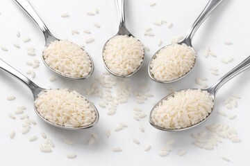 White uncooked rice held in multiple spoons on a smooth white surface