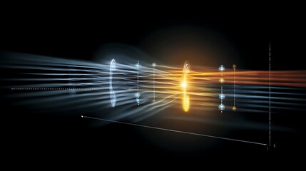 Illustration displaying light refraction through lenses, with converging and diverging rays, on black