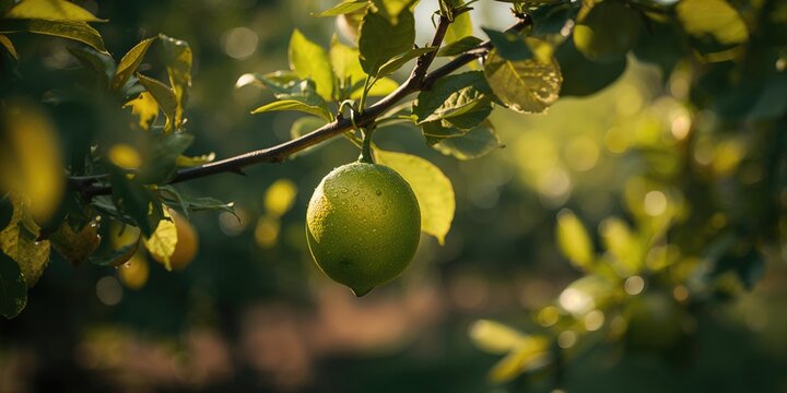 Unripe green lemon hanging from a tree branch, highlighting organic cultivation and fruit development