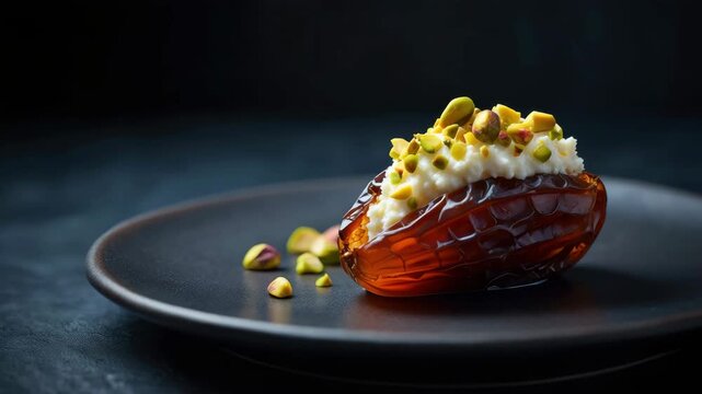 Stuffed dates with nut butter filling topped with crushed pistachios on a dark plate, no bake healthy dessert bites, clean eating snack plate, energy packed sweet snack, bite size treat