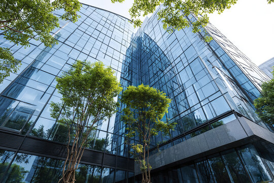 Modern corporate building facade with reflective blue tinted glass windows surrounded by green trees under bright daylight sky, creating fresh and vibrant atmosphere