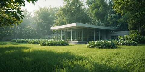 Lush garden setting with green grass serving as a backdrop for an environmental monitoring station focused on air pollution control, Earth Day