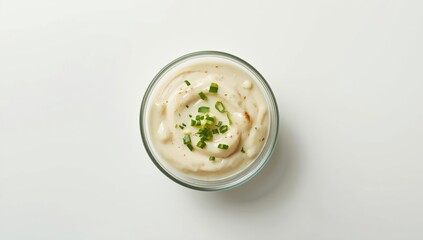 Detailed view of tartar sauce with chopped green onion, suitable for recipe layout background