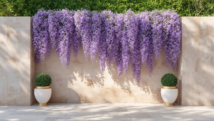 Violet flower pots arranged on a wall serving as a natural backdrop for editorial design