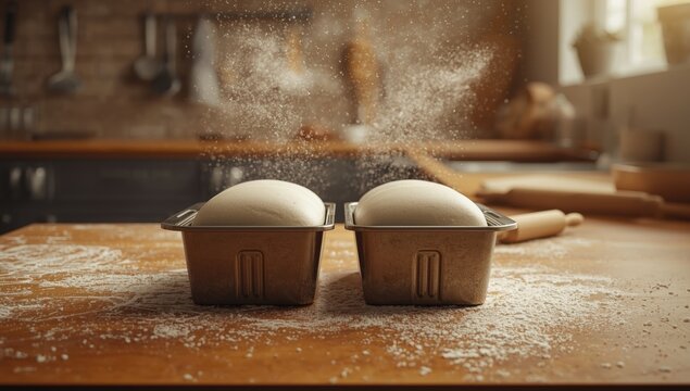 Loaf pan filled with bread dough expanding, demonstrating fermentation and proofing process in baking, no holiday