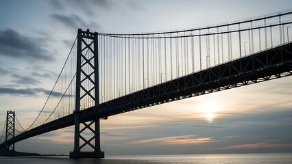 Fototapeta premium A majestic suspension bridge stands tall against a vibrant sunset sky with wispy clouds, Whisk serene waters below