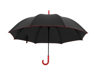 Elegant black umbrella with red accents isolated on transparent background