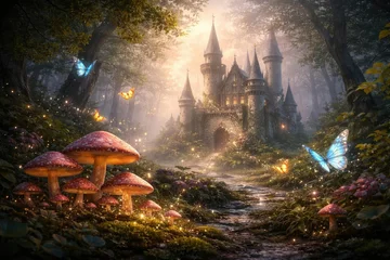 Sierkussen Meisjeskamer Fairy tale inspired setting with an old castle, butterflies in motion, and whimsical mushroom growth under soft light  © Emin