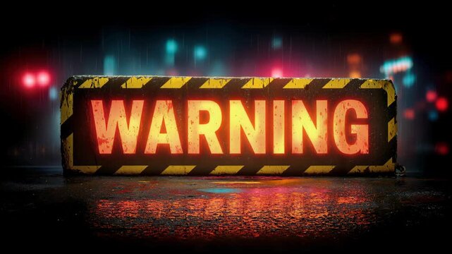 Glowing warning sign blocking urban wet street at night.