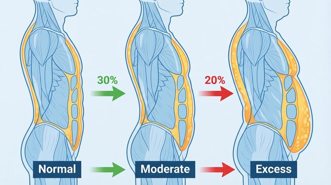 Visceral fat comparison illustration Depicting normal, moderate, and excessive fat levels in the human torso, showing internal organ impact and health implication