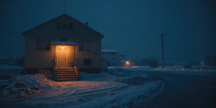 Entryway of a house in an Arctic urban area at night in winter, cold weather, deserted city square, stairs and doors visible