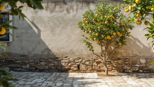 Lemon tree loaded with ripe yellow fruits adjacent to building exterior, emphasizing urban greenery