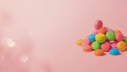 Obraz premium Vibrant and assorted chocolate sweets with a glossy candy coating, ideal for editorial headers or decorative patterns