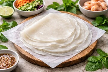 Fresh spring roll wrappers prepared from flour and water for moist rolls