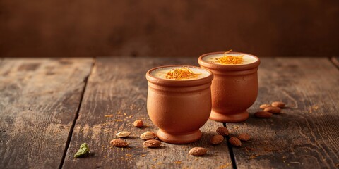 Indian almond and saffron flavored lassi with cardamom served in clay cups, highlighting traditional drinkware