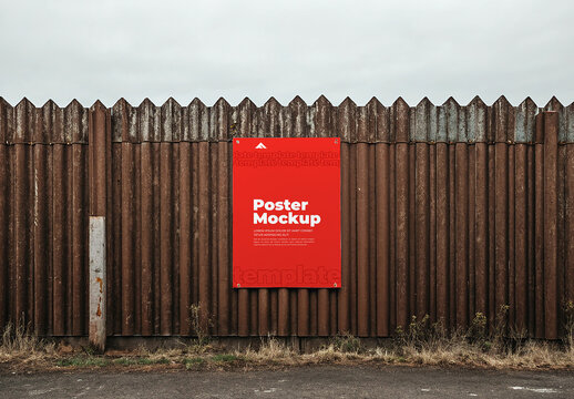Poster Mockup on Metal Fence with Urban Backdrop for Industrial Advertising