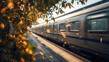 Out-of-focus foliage at a train station with a passing train, highlighting seasonal change and urban density