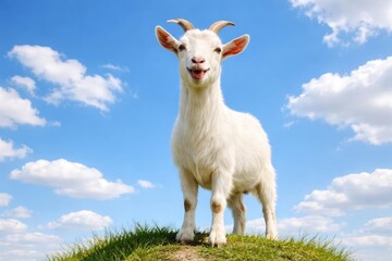 Obraz premium Smiling white goat captured in full length against a vivid blue sky and drifting clouds copy space
