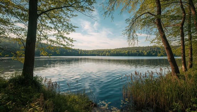 Serene lake scene with reflective surface and lush greenery, suitable for editorial header backgrounds, World Environment Day