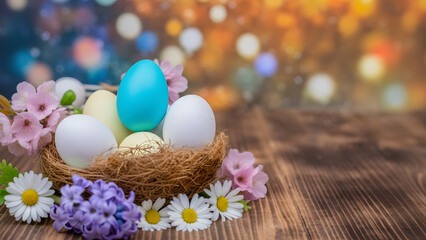 A vibrant collection of easter eggs nestled amidst beautiful spring blooms and bokeh lights
