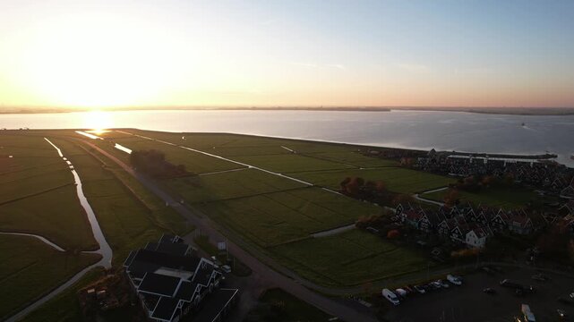 Aerial view of traditional wooden houses in Marken, Netherlands